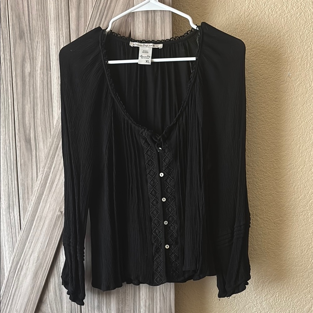 American Rag Black Buttoned Blouse with Pleated Design